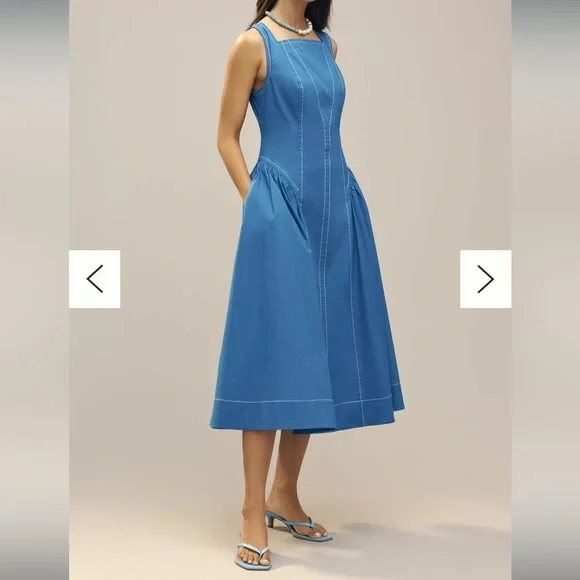 Anthropologie high-neck seamed midi dress bright blue size xs